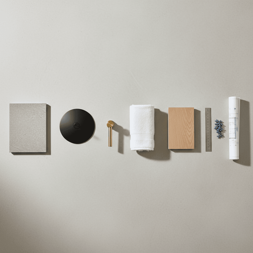 Matériaux et outils d'un chantier de salle de bains ULIC disposés en flat lay